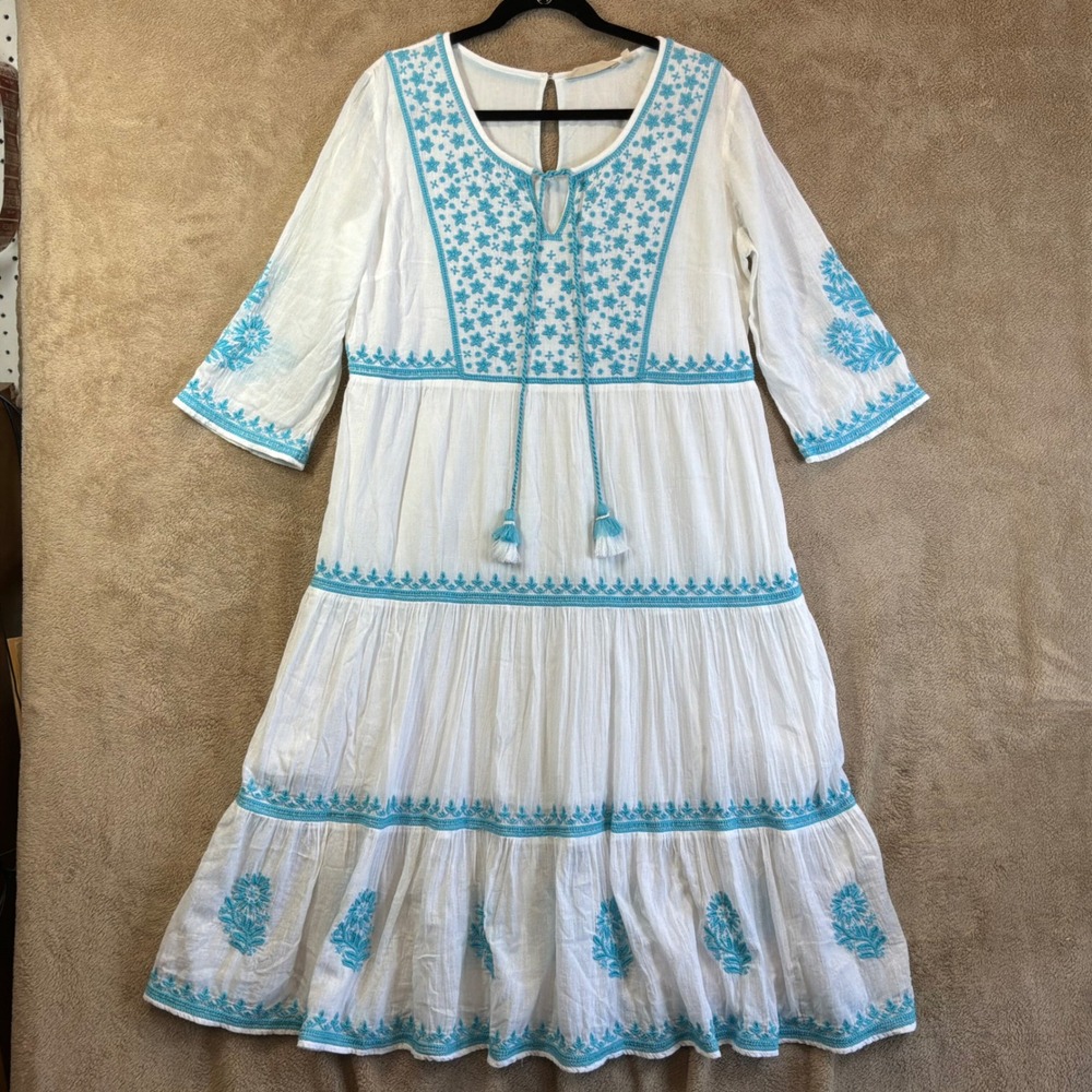 Soft Surroundings Embroidered Midi Dress L Cotton Gauze Tiered Boho Festival EUC